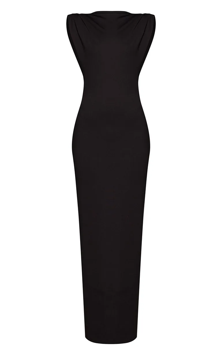 Black Soft Jersey Shoulder Pad Bodycon Maxi - 4