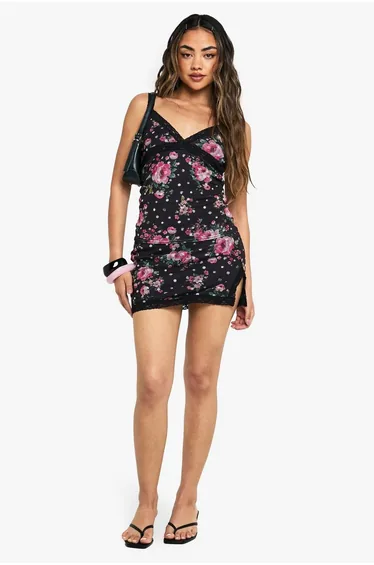 Floral Printed Mesh Lace Trim Split Mini Skirt - black