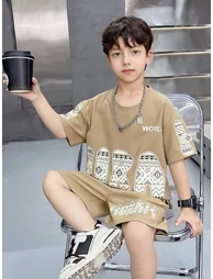 Boys Beige Graphic Print T-Shirt and Shorts Set - 1