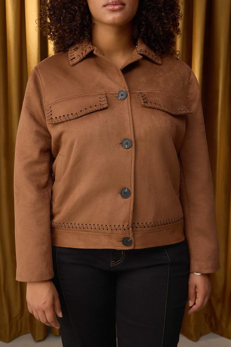 Special Collection Brown Regular Fit Suede Slim Plus Size Jacket Coat - 2