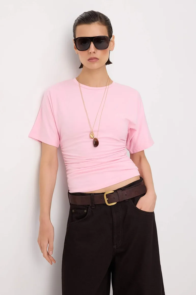 Light Pink Fitted Crew Neck Short Drawstring Cotton Stretch Knitted T-Shirt