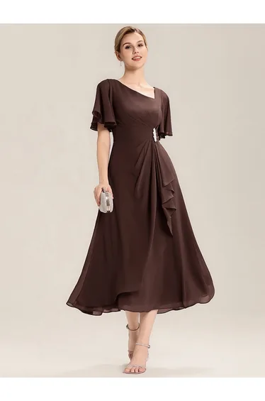 Short Sleeve Ruffle Asymmetrical A-Line Midi Evening Dresses