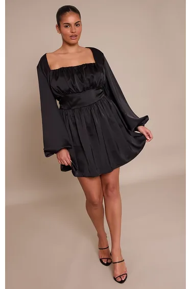 Plus Black Satin Ruched Cup Puff Sleeve Mini Dress