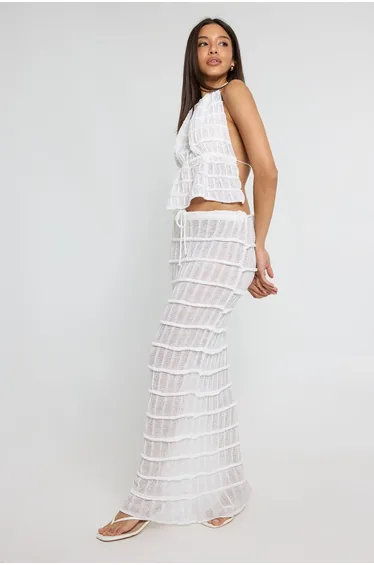 Sheer Knit Tie Waist Maxi Skirt - cream
