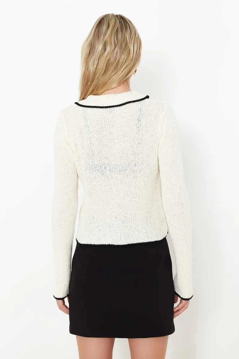 Ecru Cotton Blended Shirt Look Knitwear Cardigan - 5