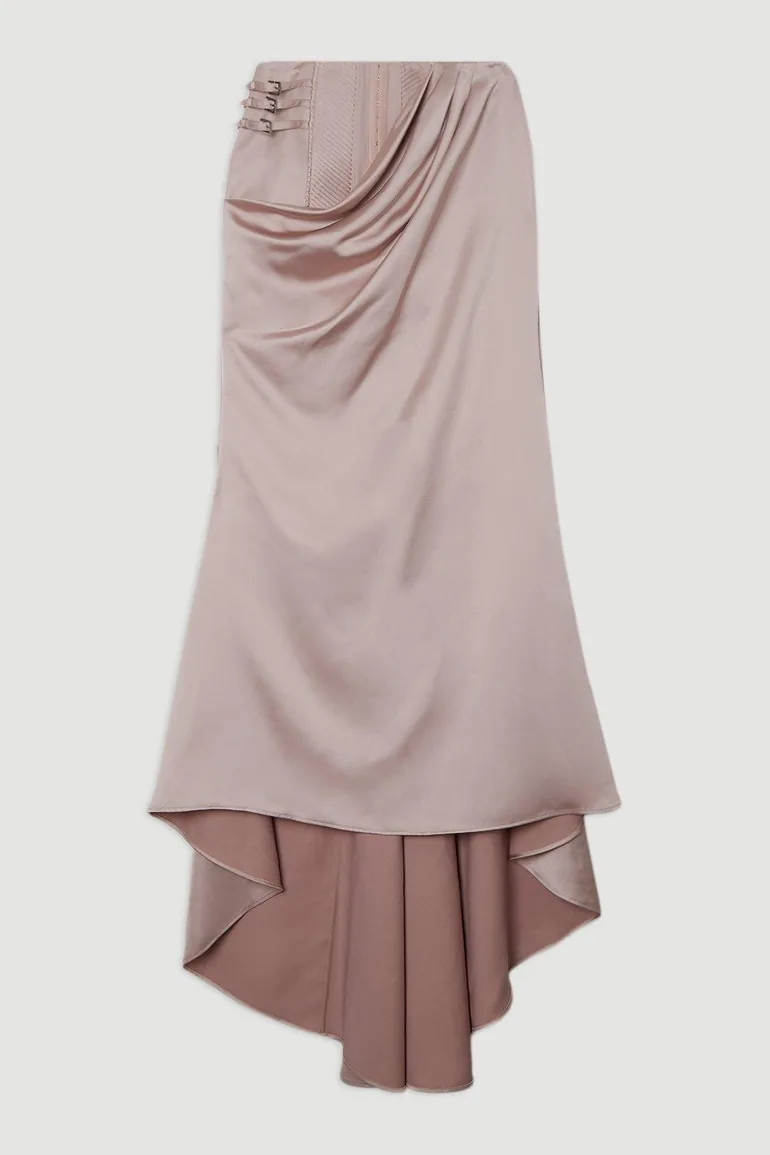Archive Collection - Tailored Satin Drape Corset Detail Fishtail Maxi Skirt - 3
