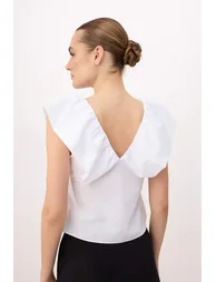 White Bow and Ruffle Detail Poplin Woven Blouse - 3