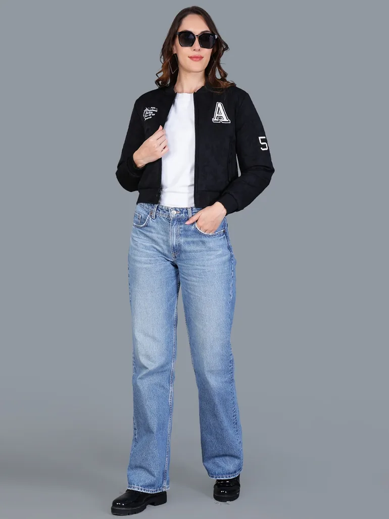 Women Black Crop Varsity Jacket