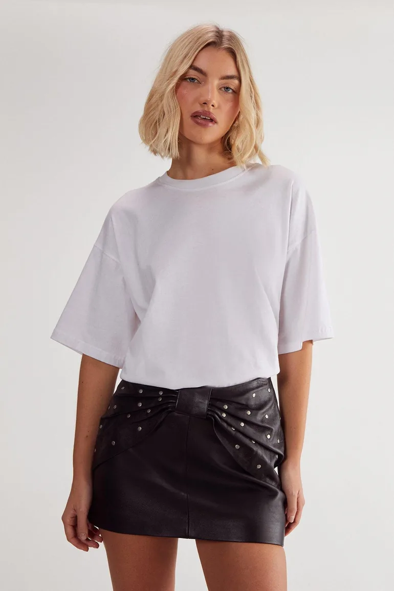 Studded Bow Detail Leather Mini Skirt - 1