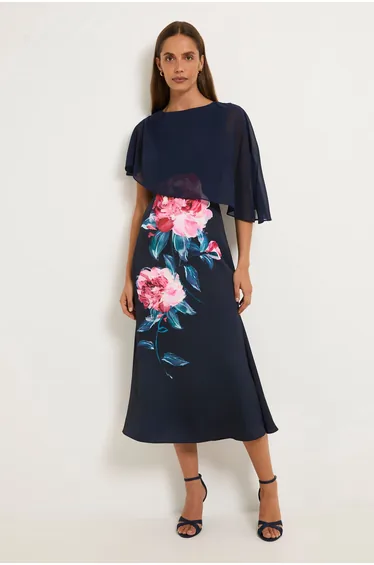 Floral Cape Detail Midi Dress