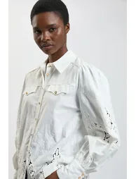 Cotton Cutwork Balloon Sleeve Woven Shirt - 1