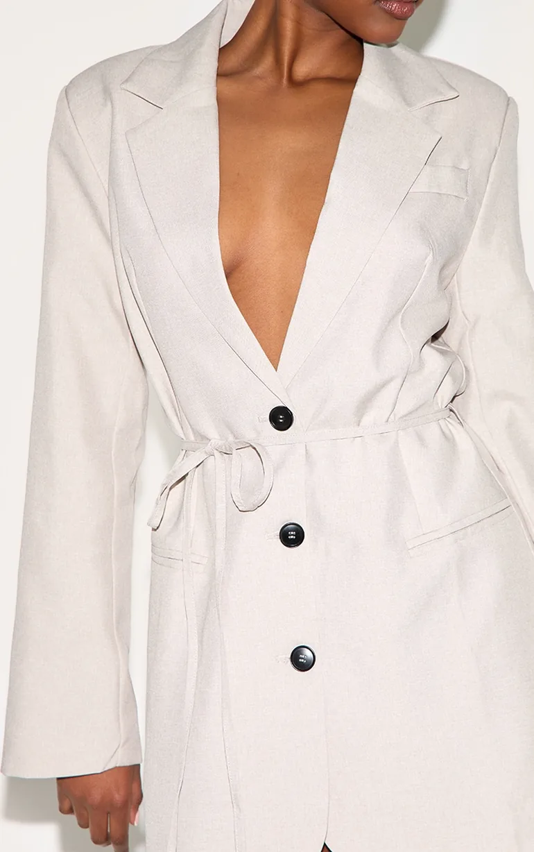 Taupe Woven Tie Belt Blazer Dress - 3