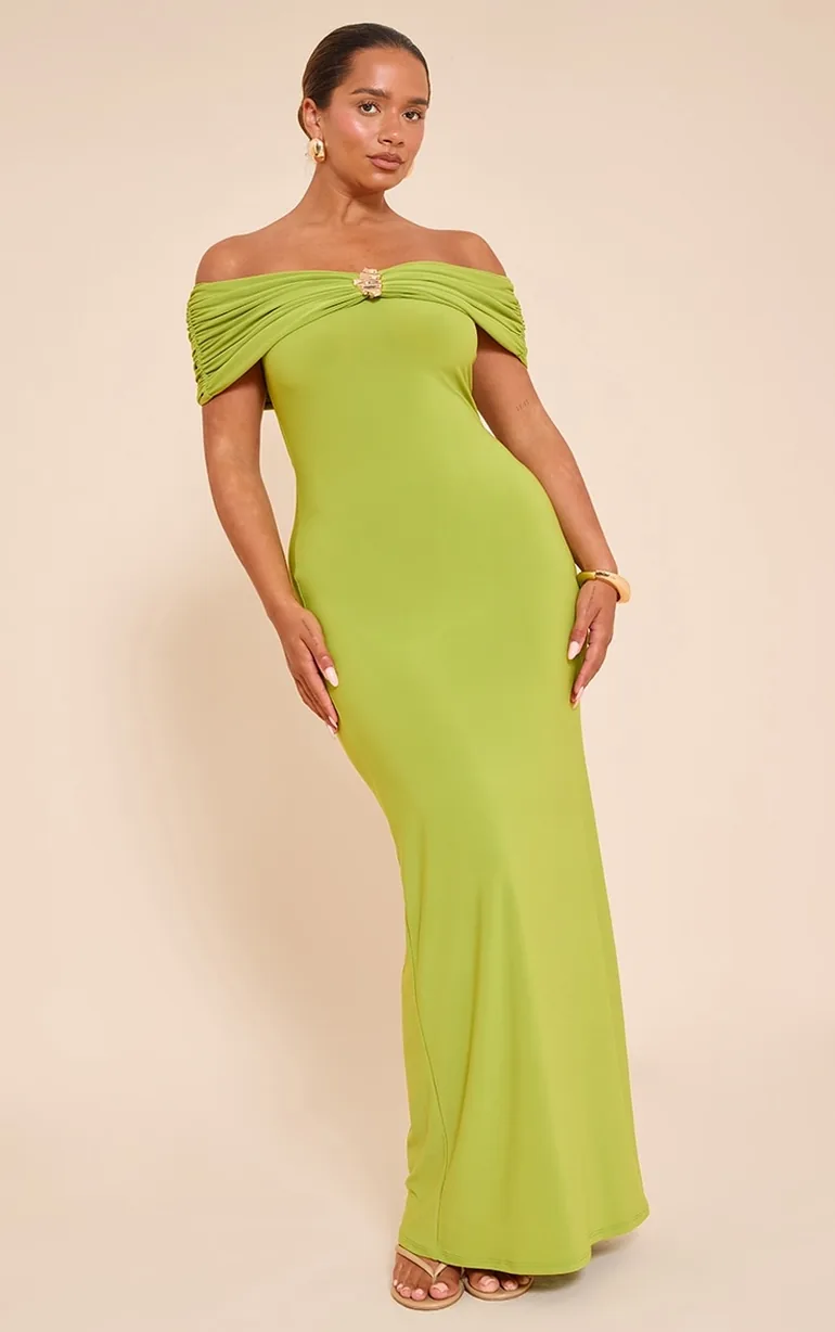 Shape Olive Fold Over Bardot Gold Trim Maxi Dress - 2