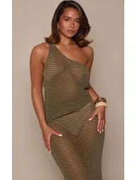 Shape Khaki One Shoulder Crocher Knit Asymmetrical Top - 1