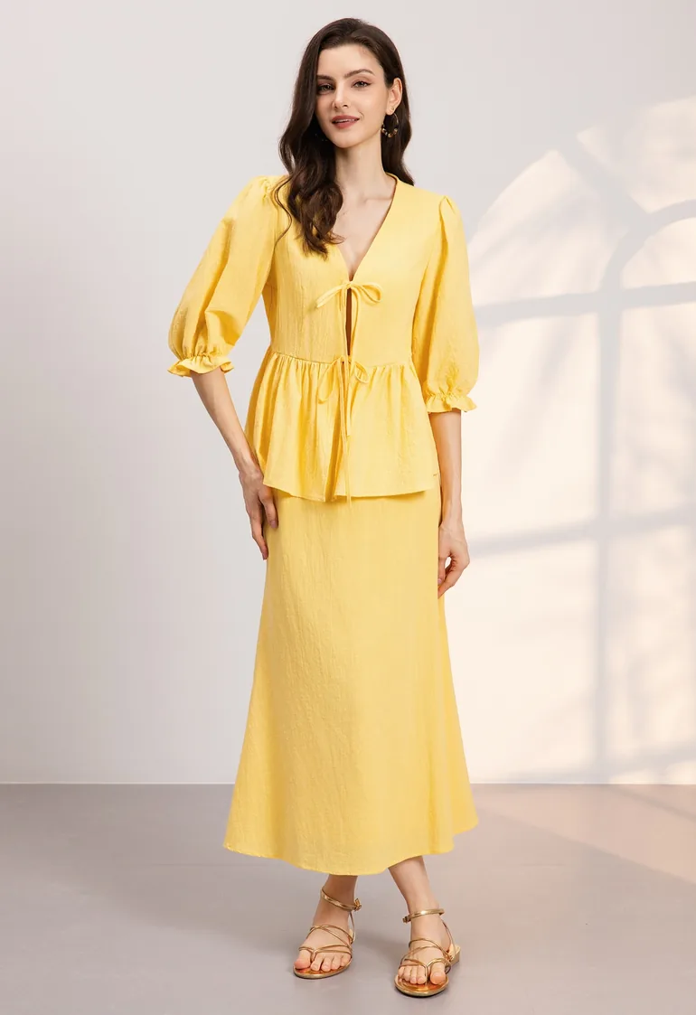 Elbow Sleeves Tie-Front Cotton Peplum Top and Maxi Skirt Set in Yellow for Island Getaway & Sunset Walk