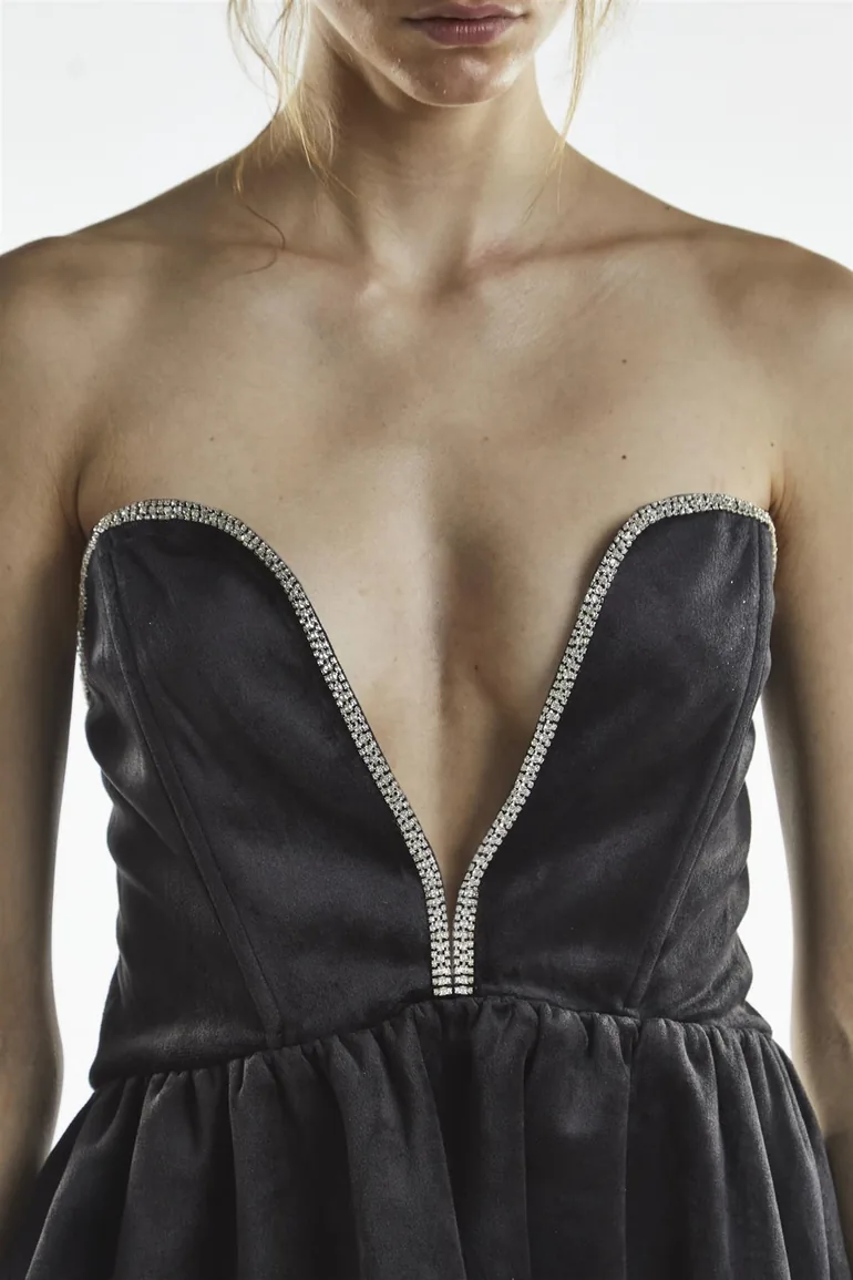 Black Plunge Rhinestone Trim Mini-Dress - 2