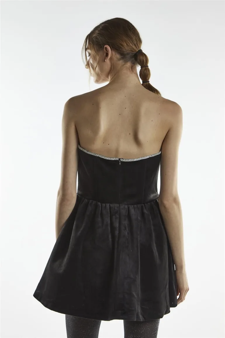 Black Plunge Rhinestone Trim Mini-Dress - 1