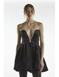 Black Plunge Rhinestone Trim Mini-Dress - 3