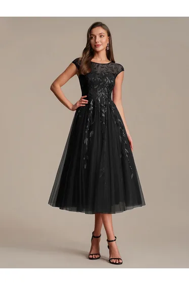 See-through Sequin Cap Sleeve Wedding Guest Dress