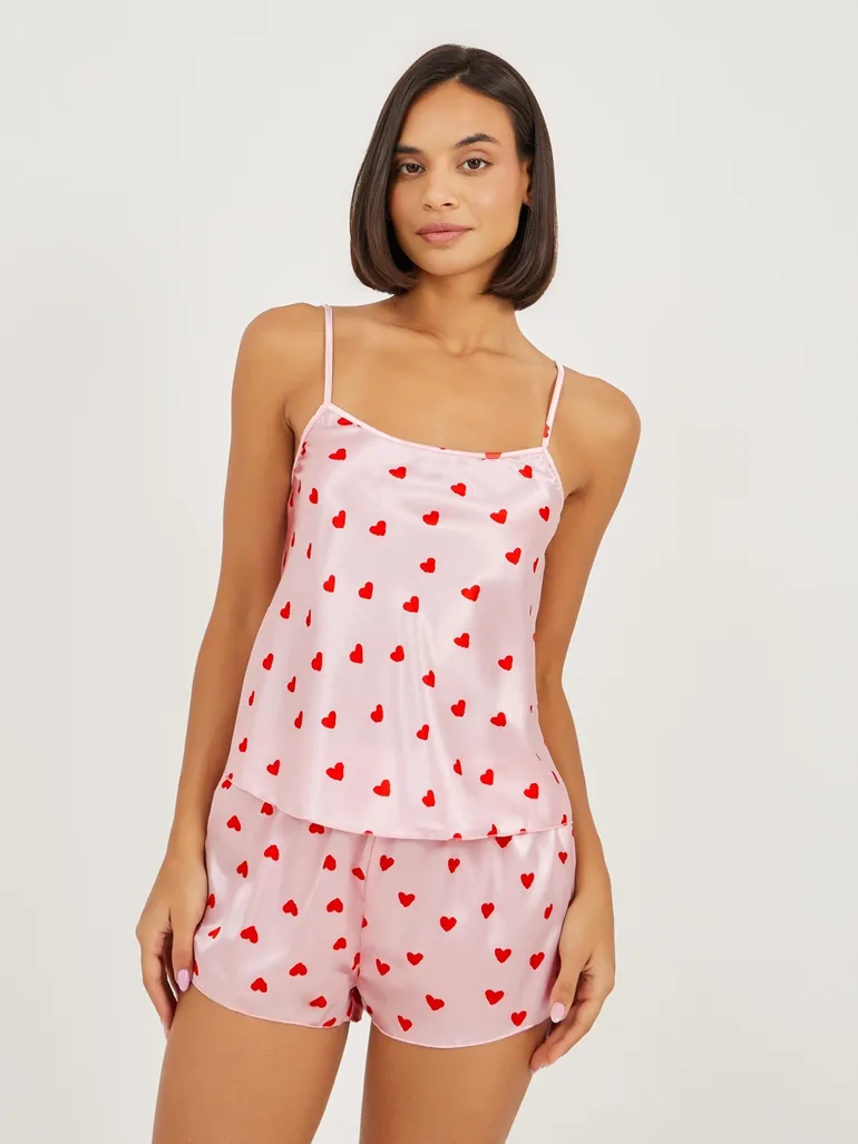 Satin All Over Heart Print Cami and Shorts Set - 1