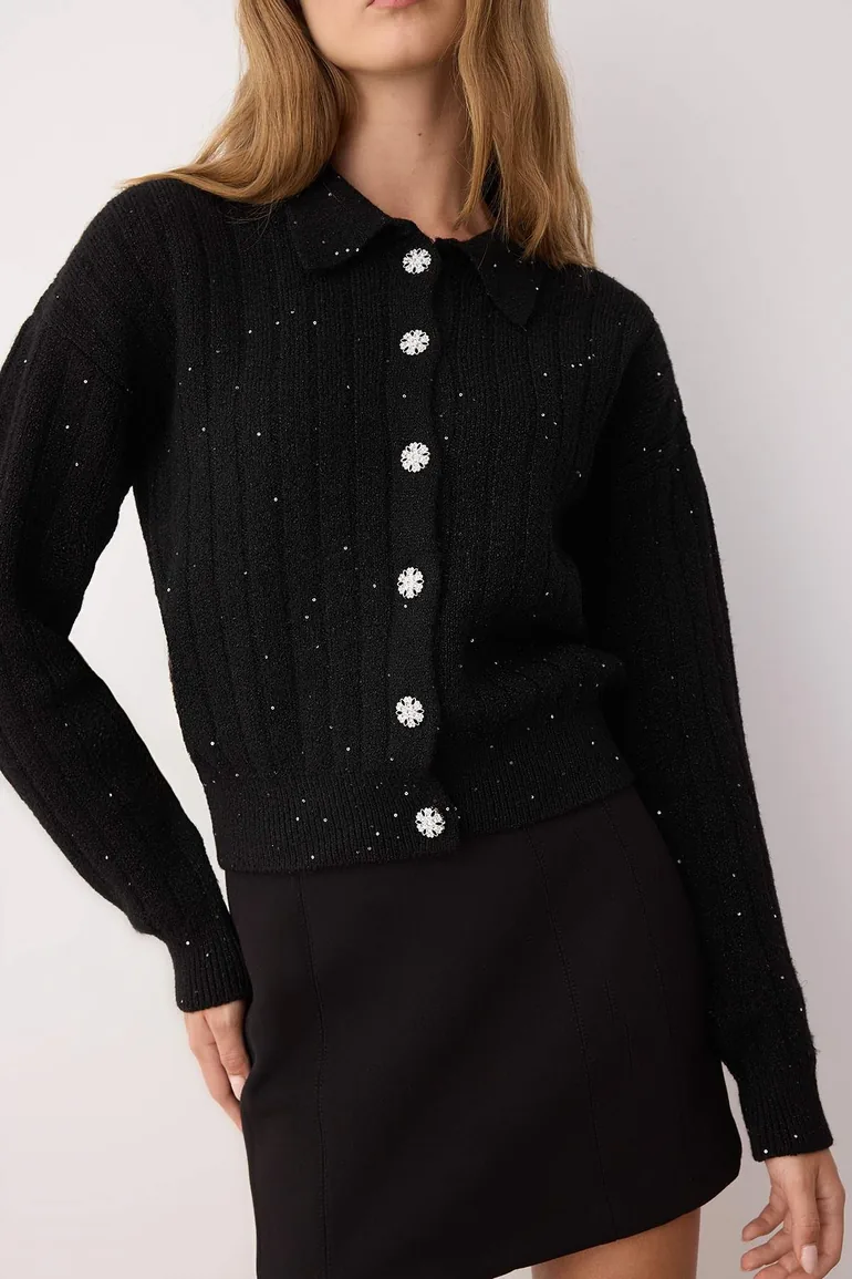 Black Wool Button Detailed Sequined Thread Polo Collar Ribbed Knitwear Cardigan - 6