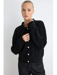 Black Wool Button Detailed Sequined Thread Polo Collar Ribbed Knitwear Cardigan - 1