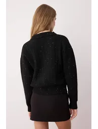 Black Wool Button Detailed Sequined Thread Polo Collar Ribbed Knitwear Cardigan - 7