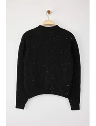 Black Wool Button Detailed Sequined Thread Polo Collar Ribbed Knitwear Cardigan - 9