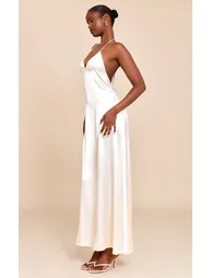 Natural Satin Lace Up Back Maxi Slip Dress - 2