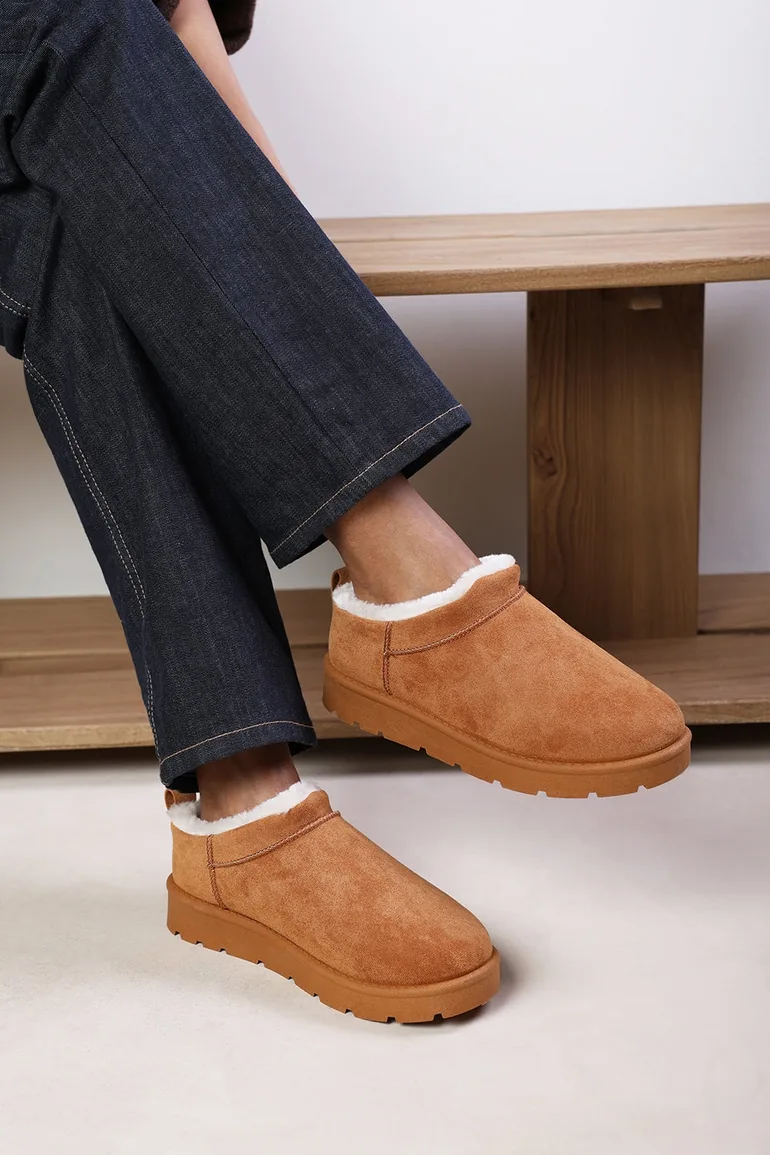 Avara Cosy Chestnut Fur Lined Suede Micro Ankle Mules - 1