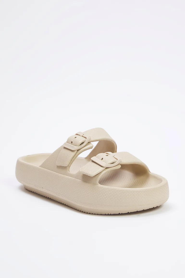 Beige Double Band Buckle Detail Light Sole Women's Slippers - 2