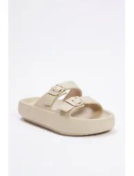 Beige Double Band Buckle Detail Light Sole Women's Slippers - 2