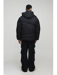 Tall Oversized Crinkle Funnel Neck Hooded Abstract Quilted Puffer Jacket - black - 1