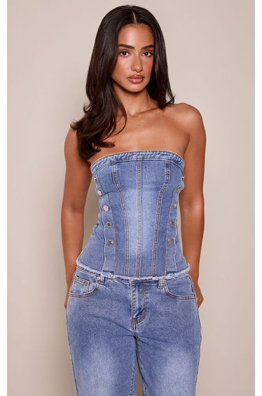 Petite Mid Blue Button Detail Denim Bandeau