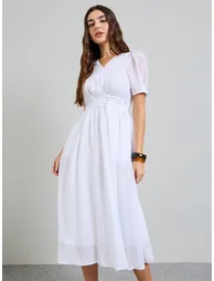 White Solid V Neck A-Line Midi Dress - 1