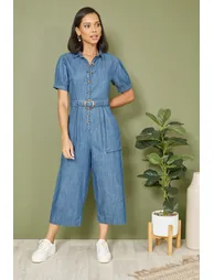 Yumi Blue Cotton Chambray Button Up Jumpsuit - 3