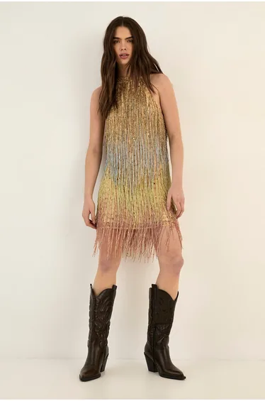 Ombre Beaded Tassel Mini Dress