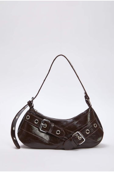 Dark Brown Eyelet Belt Buckle Detailed Medium Size Women's Baguette Shoulder Bag