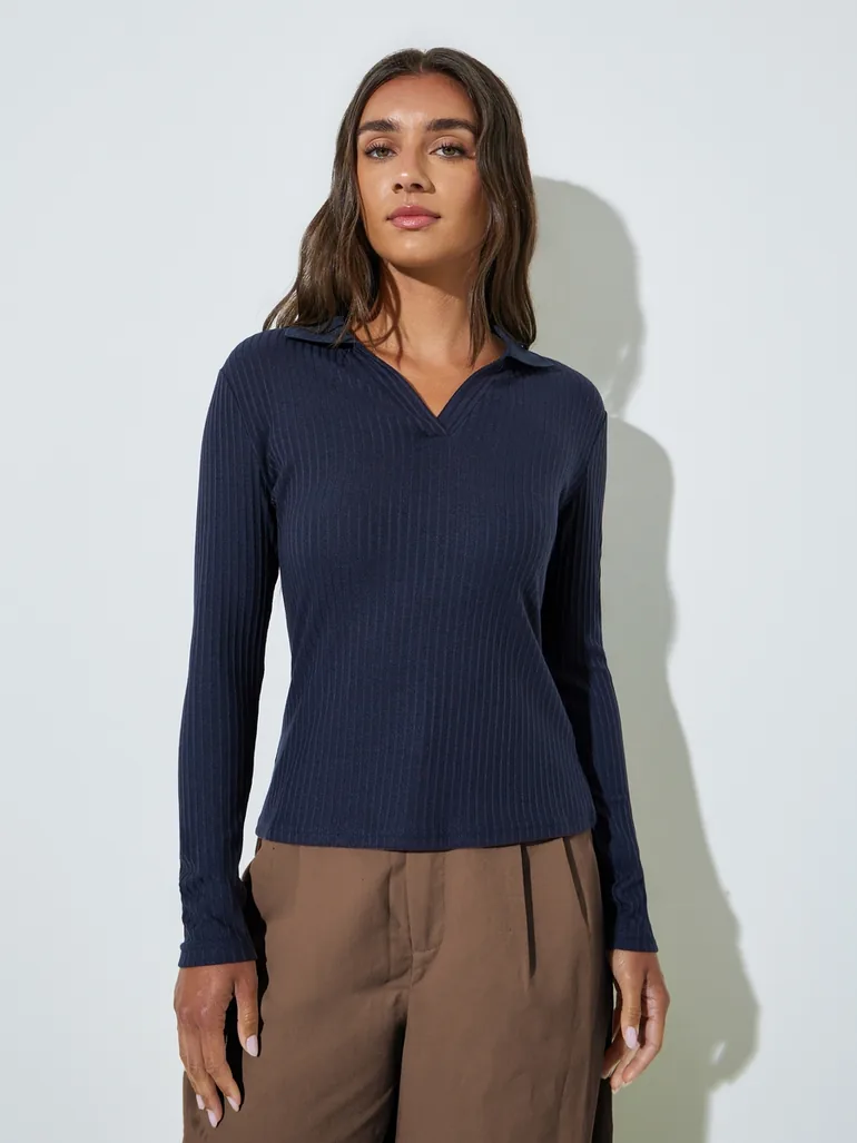 Navy Blue Textured Knit Top with Open Collar - 2