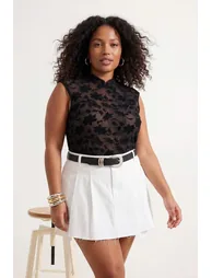 Black Knitted Collar Detailed Flock Printed Transparent Knitted Plus Size Blouse - 5