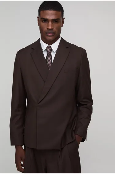 Oversized Double Breasted Wrap Suit Jacket - chocolate
