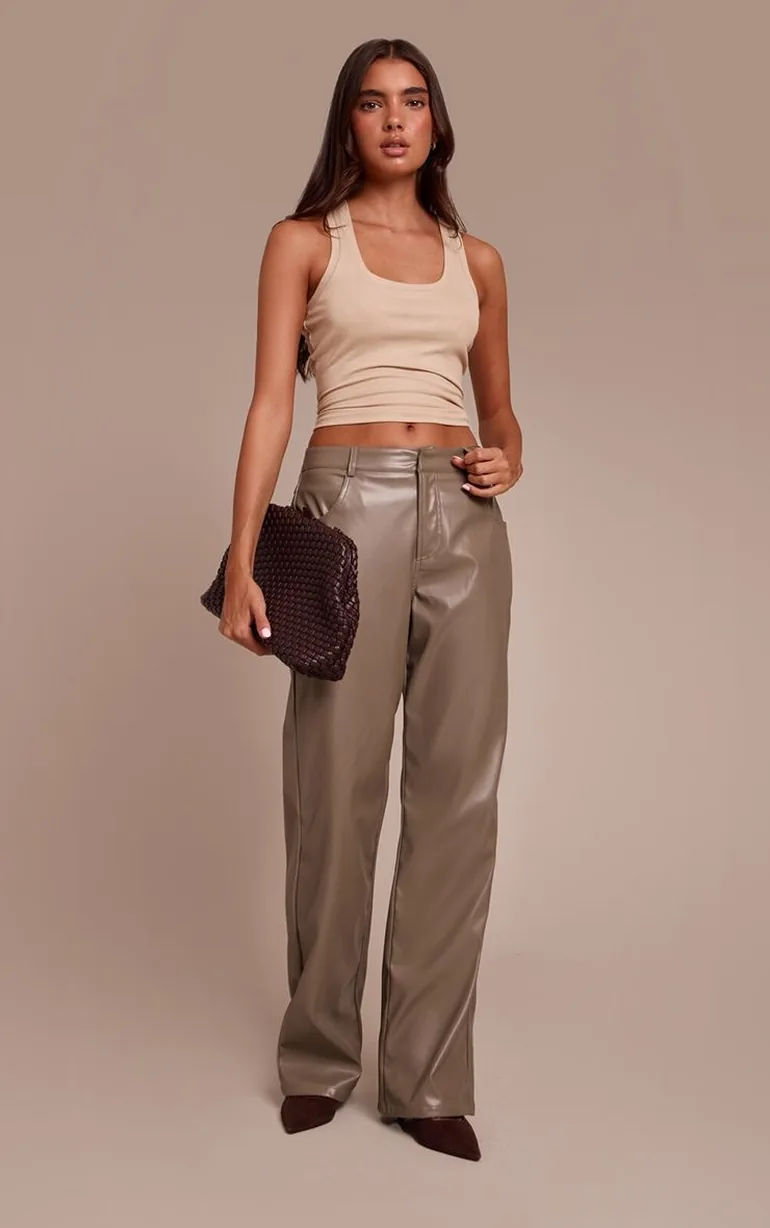 Grey Faux Leather Straight Leg Trousers - 5