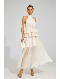 Allen Apricot Halter Maxi Ruffle Dress - 4