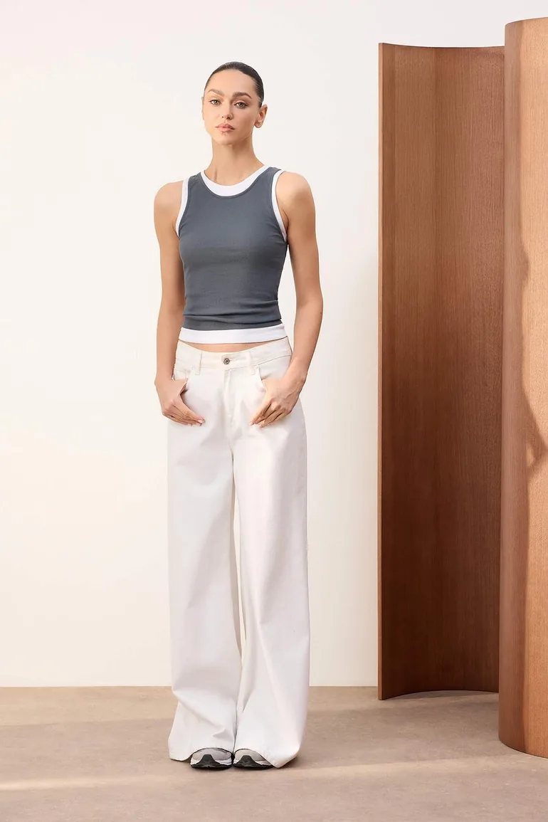 Anthracite Fitted/Bodycon Pool Collar Sleeveless Piped Corded Fabric Stretchy Knitted Undershirt
