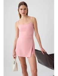 Pink Plain Fitted Pool Collar Thin Strap Sleeveless Short / Mini Scuba Crepe Knitted Jumpsuit - 1