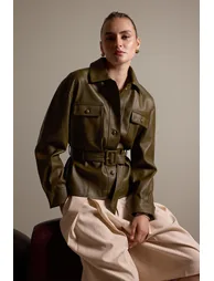 Khaki Regular Fit Belted Faux Leather Coat