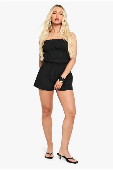 Cotton Poplin Ruched Playsuit - black