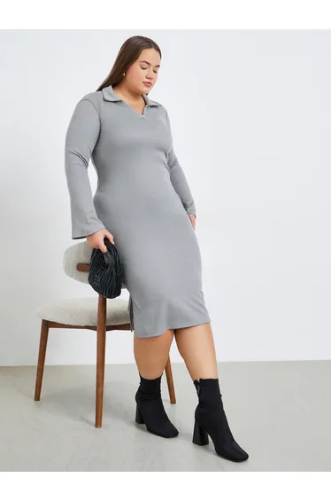Plus Size Grey Polo Midi Sheath Dress