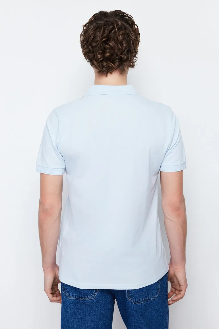 Blue Men's Slim Short Sleeved 100% Cotton Polo Collar T-shirt - 4