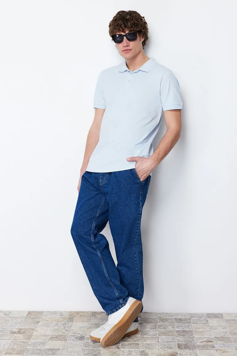 Blue Men's Slim Short Sleeved 100% Cotton Polo Collar T-shirt